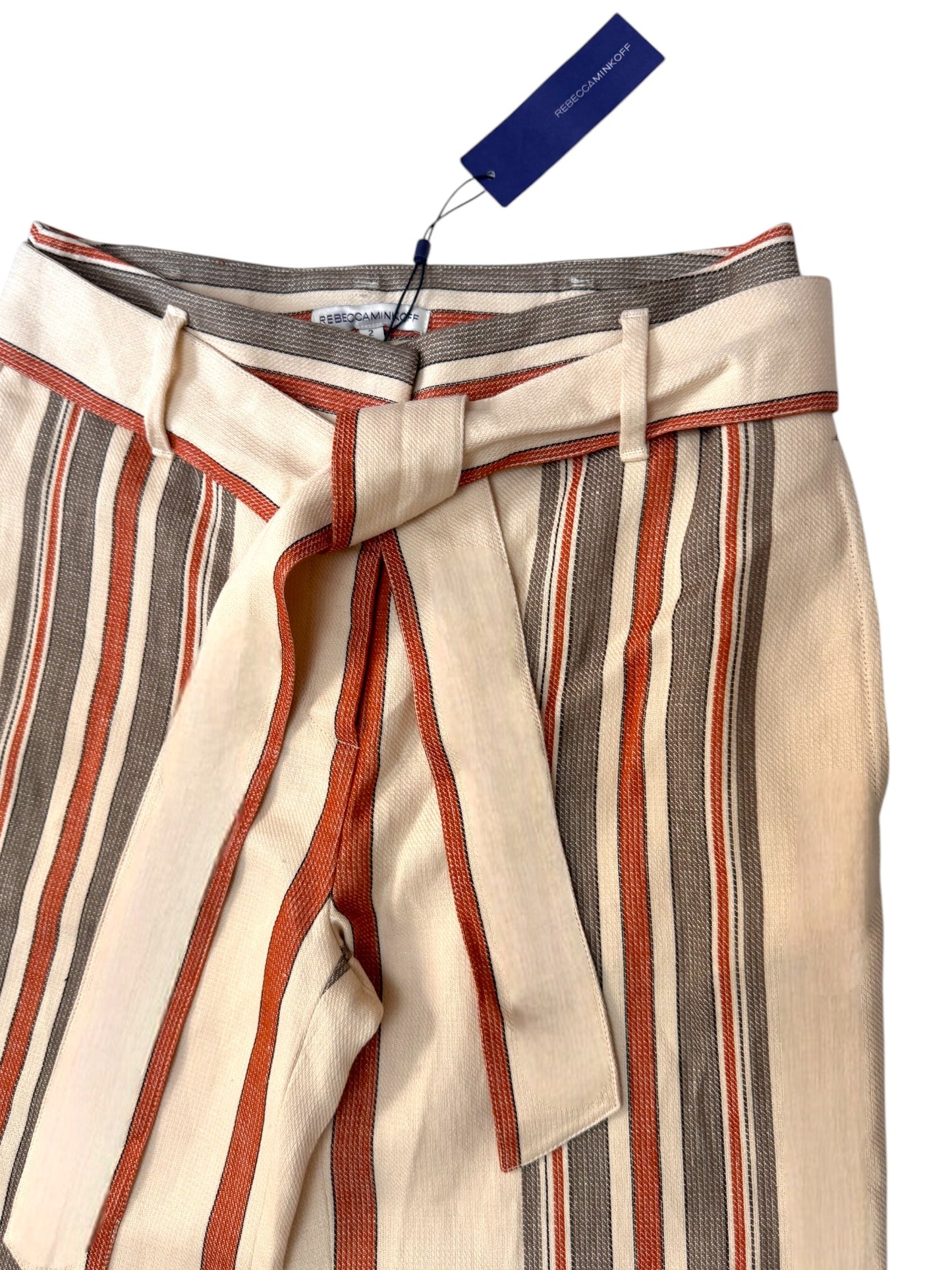 Rebecca Mlnkoff Moly High-Rise Wide-Leg Pants – Beige with Brown Stripes, Belted Waist & Pockets