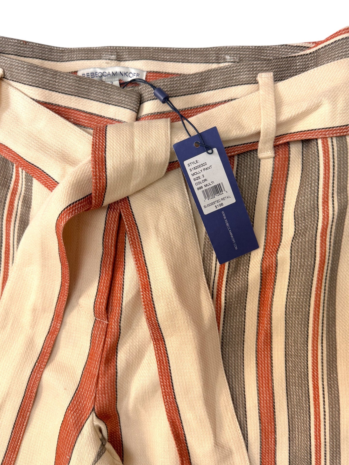 Rebecca Mlnkoff Moly High-Rise Wide-Leg Pants – Beige with Brown Stripes, Belted Waist & Pockets