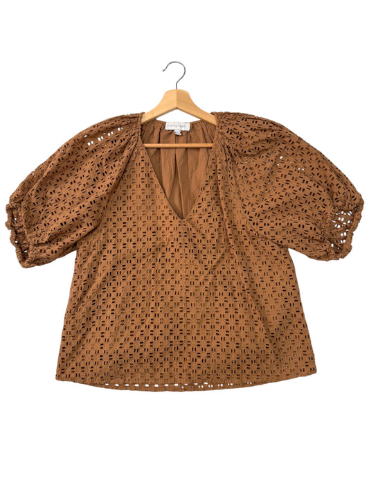 Witchery Brown Caramel Broderie Cotton Puff Sleeve Vneck Blouse