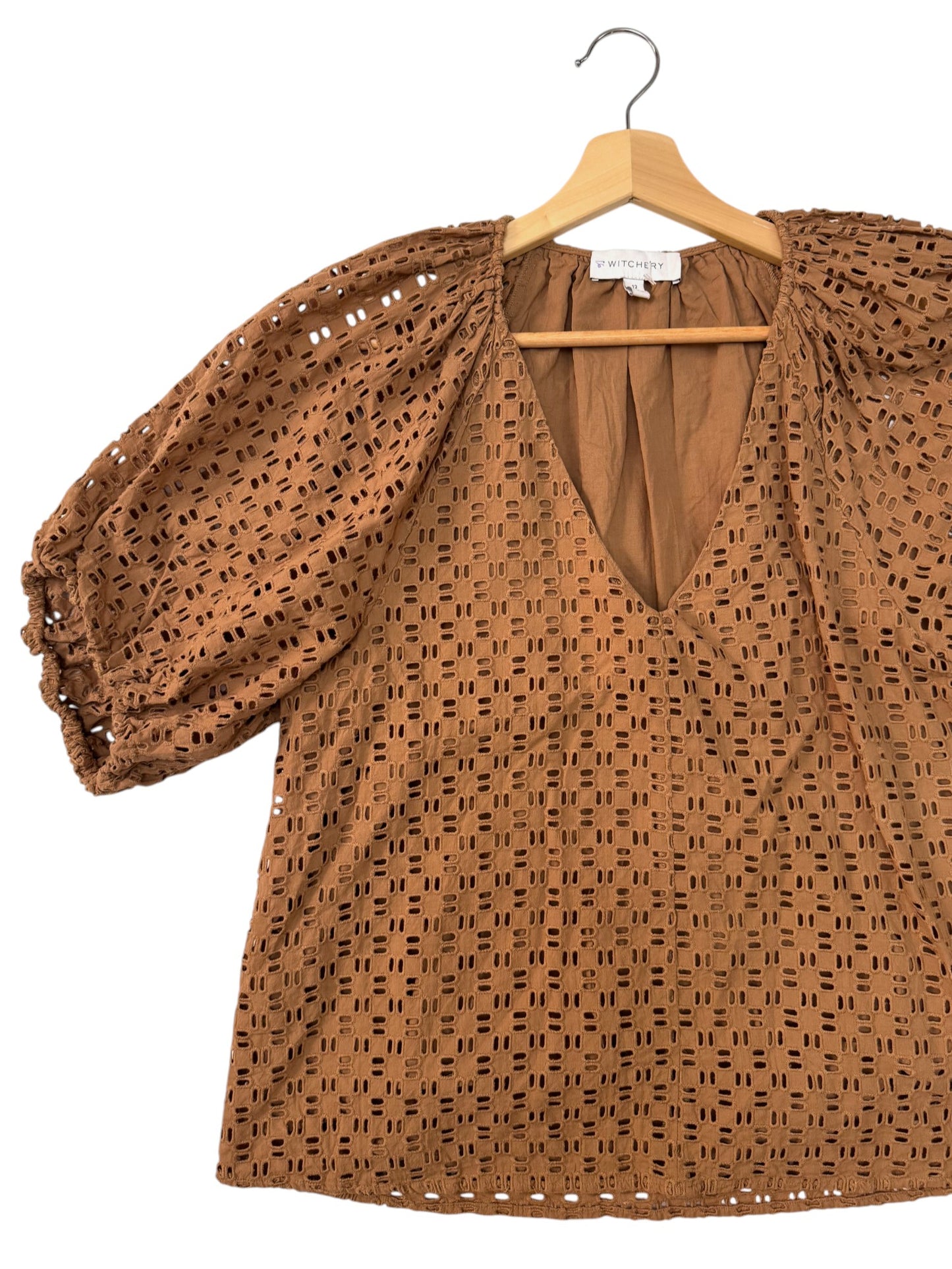 Witchery Brown Caramel Broderie Cotton Puff Sleeve Vneck Blouse