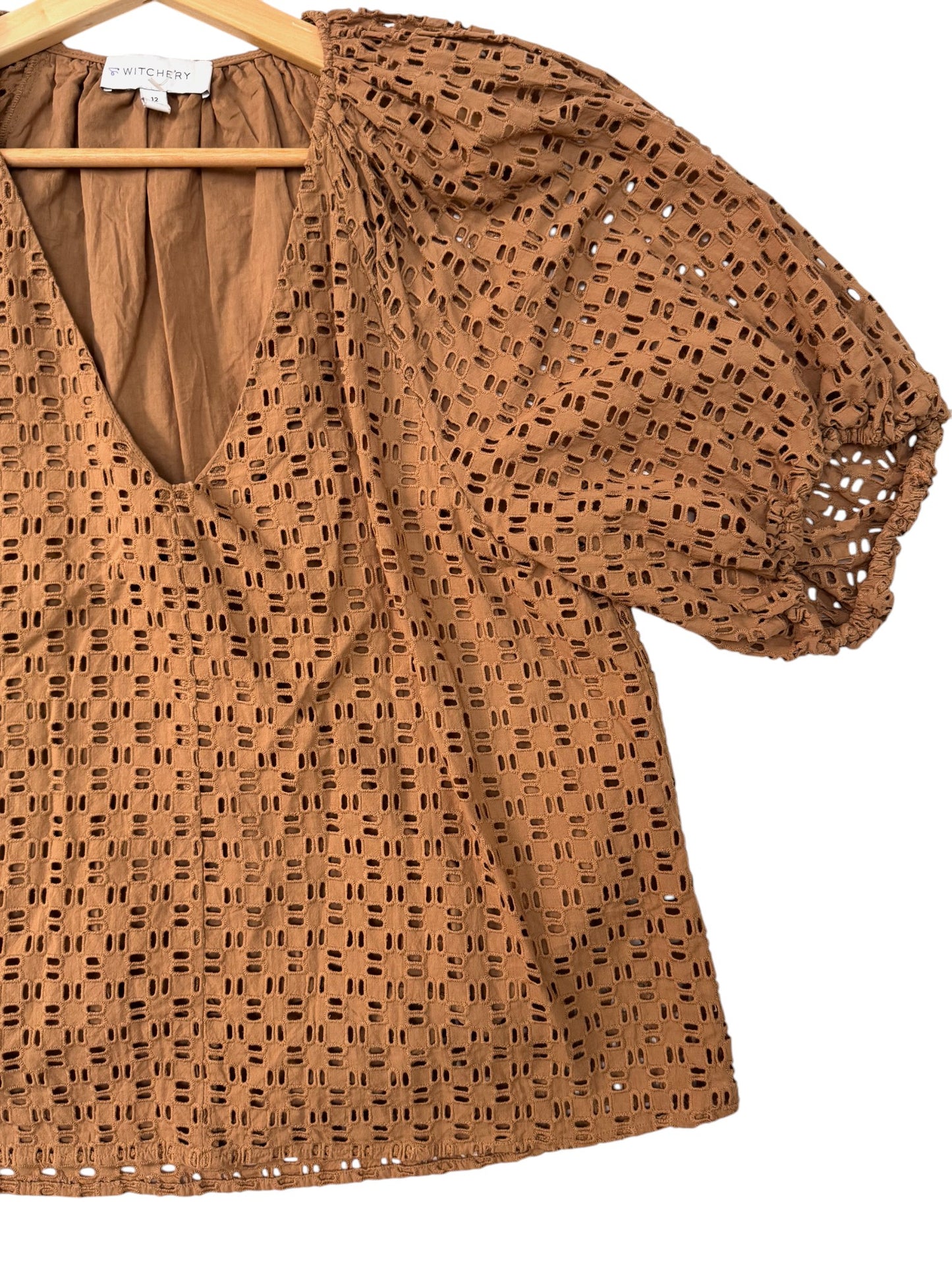 Witchery Brown Caramel Broderie Cotton Puff Sleeve Vneck Blouse