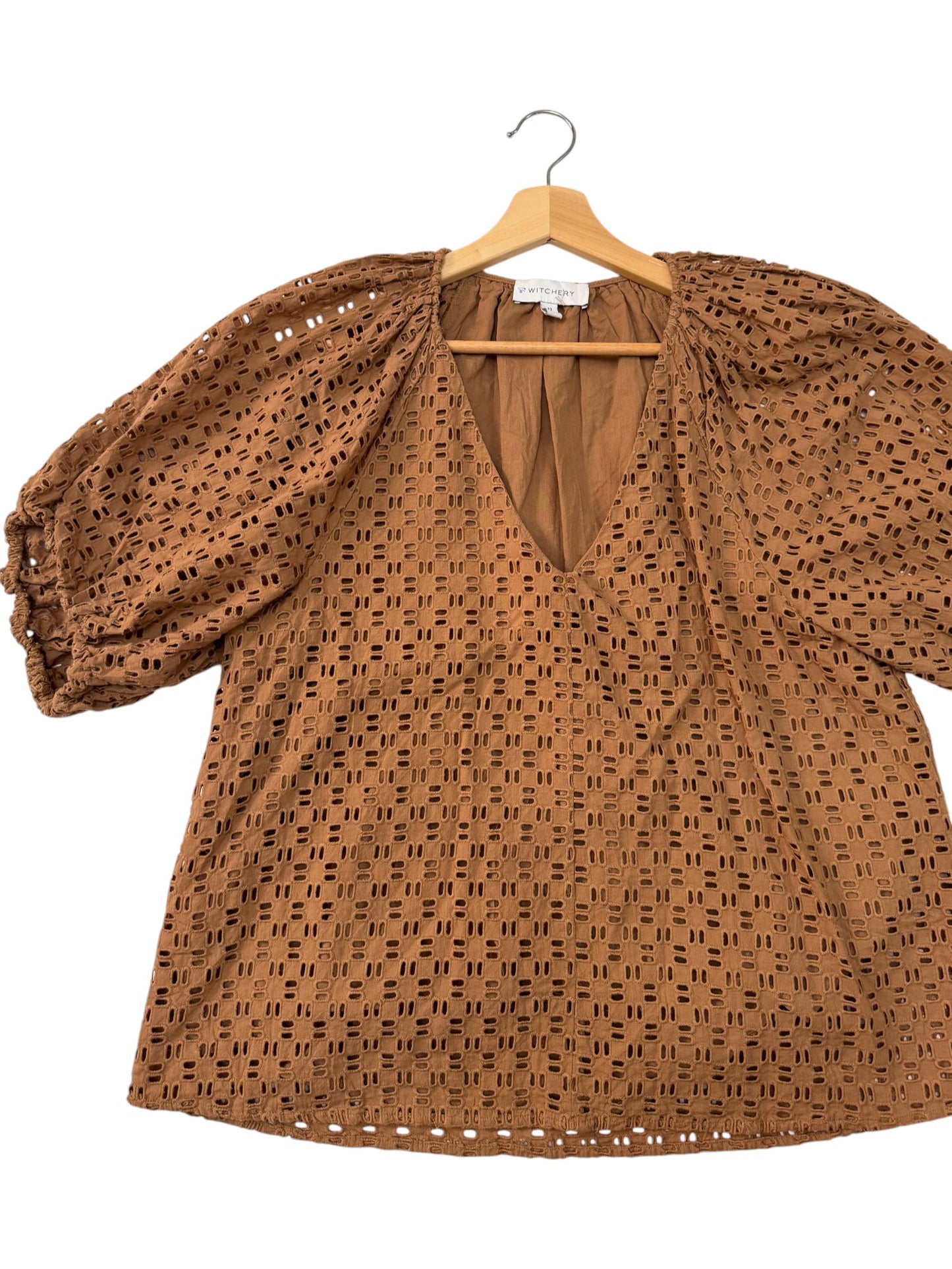 Witchery Brown Caramel Broderie Cotton Puff Sleeve Vneck Blouse