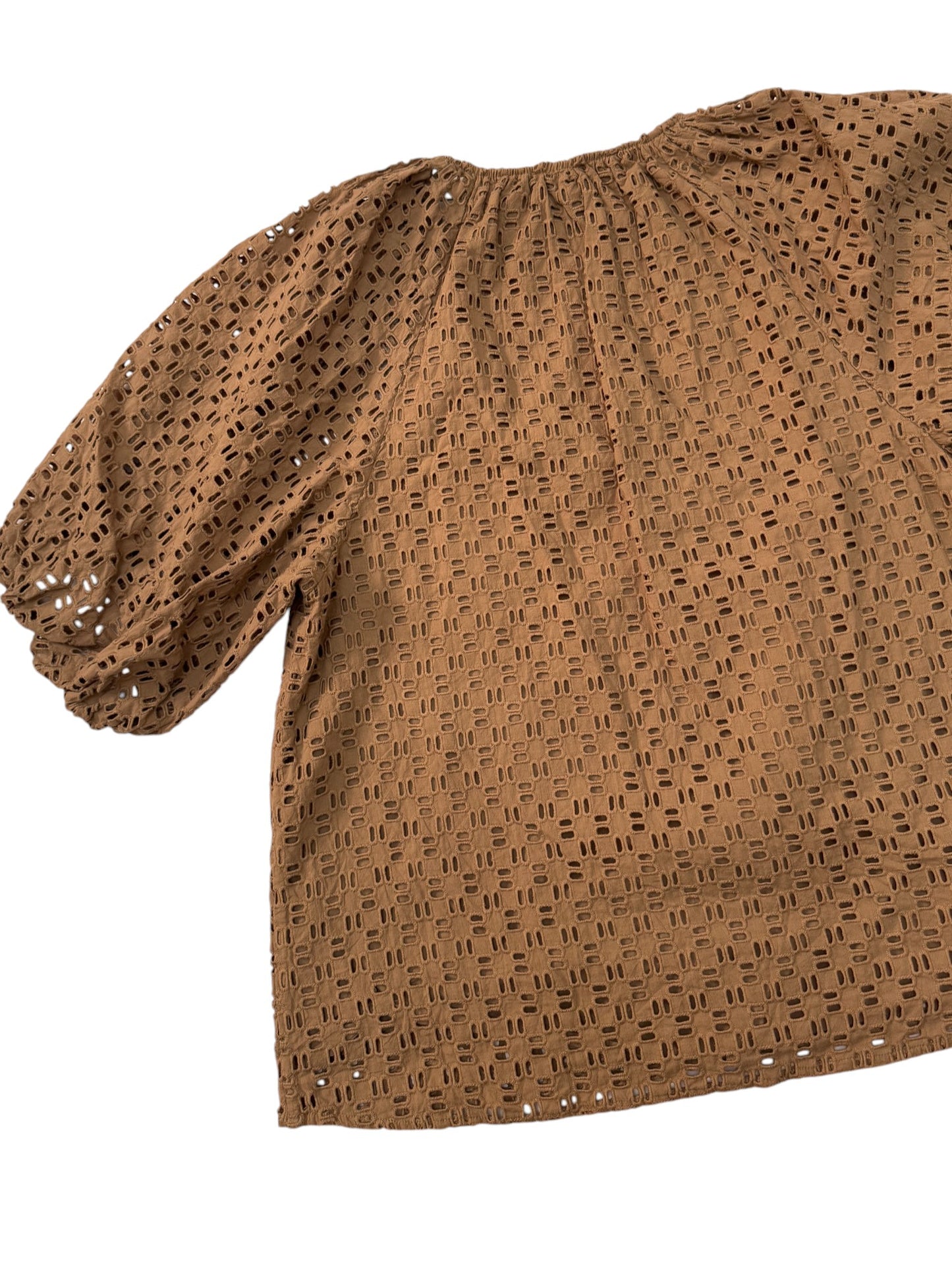 Witchery Brown Caramel Broderie Cotton Puff Sleeve Vneck Blouse