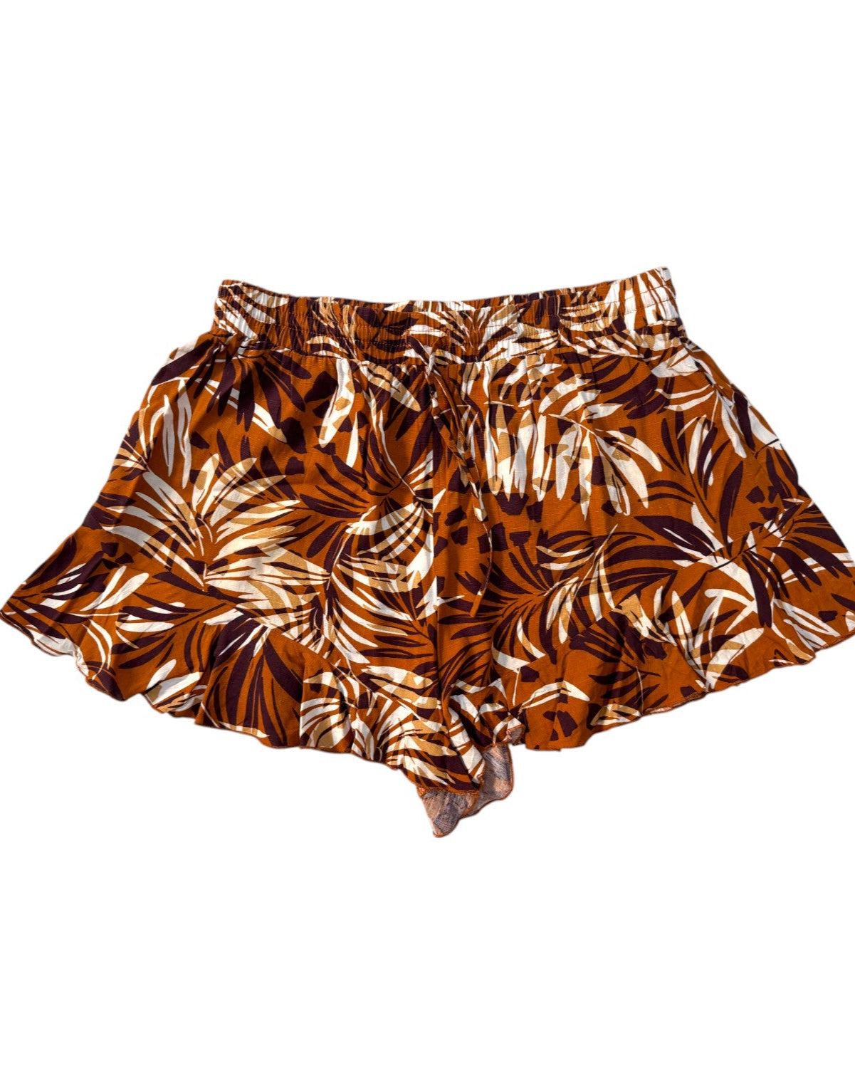 Tropical Floral Leaf Print Rayon Shorts – Brown & Terracotta, Garter Waist