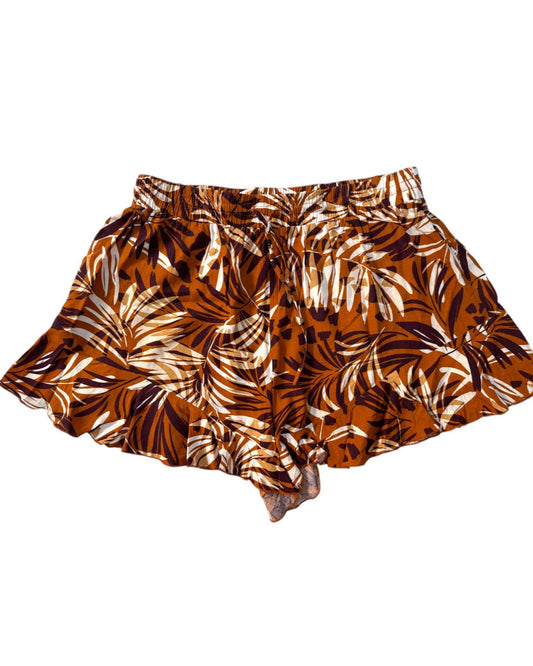 Tropical Floral Leaf Print Rayon Shorts – Brown & Terracotta, Garter Waist