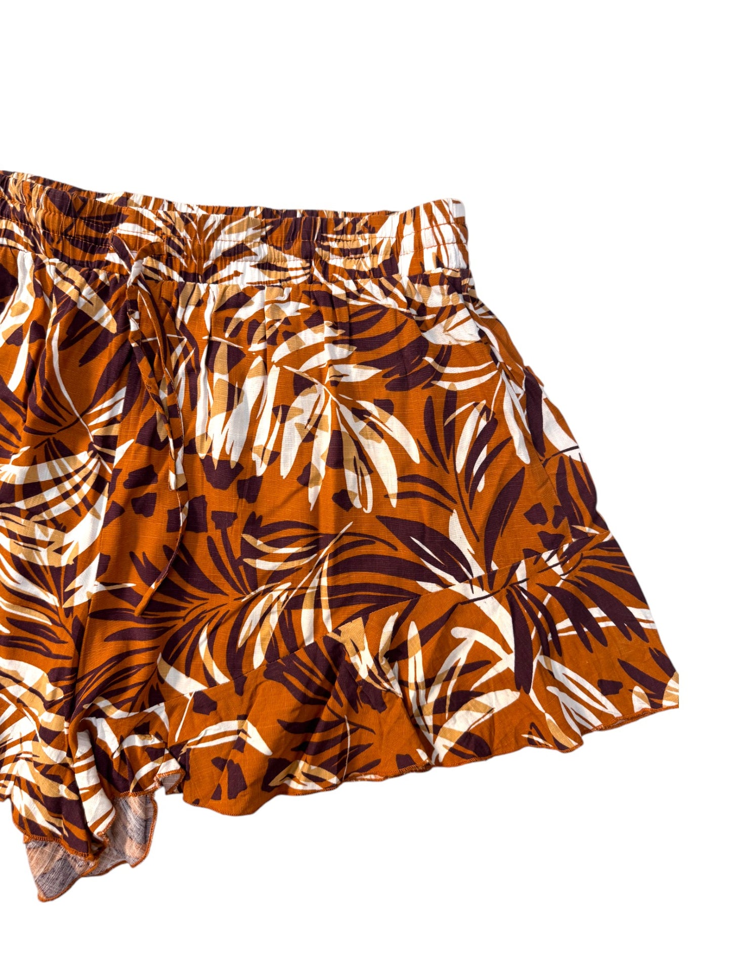 Tropical Floral Leaf Print Rayon Shorts – Brown & Terracotta, Garter Waist
