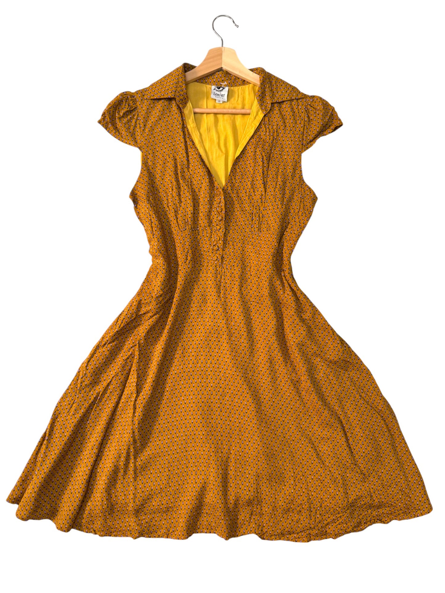 Retro Vibe Dark Mustard Leaf Print A-Line Dress – V-Neck Button-Up