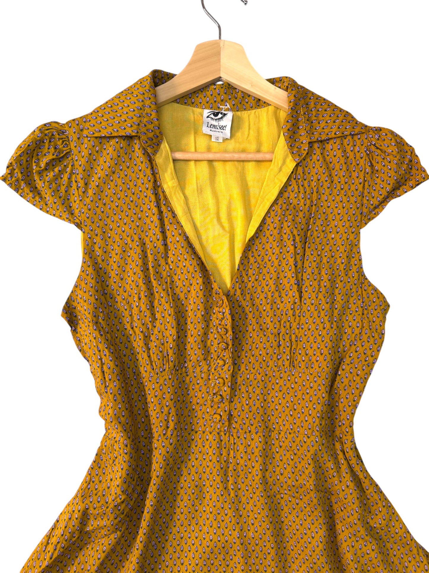 Retro Vibe Dark Mustard Leaf Print A-Line Dress – V-Neck Button-Up