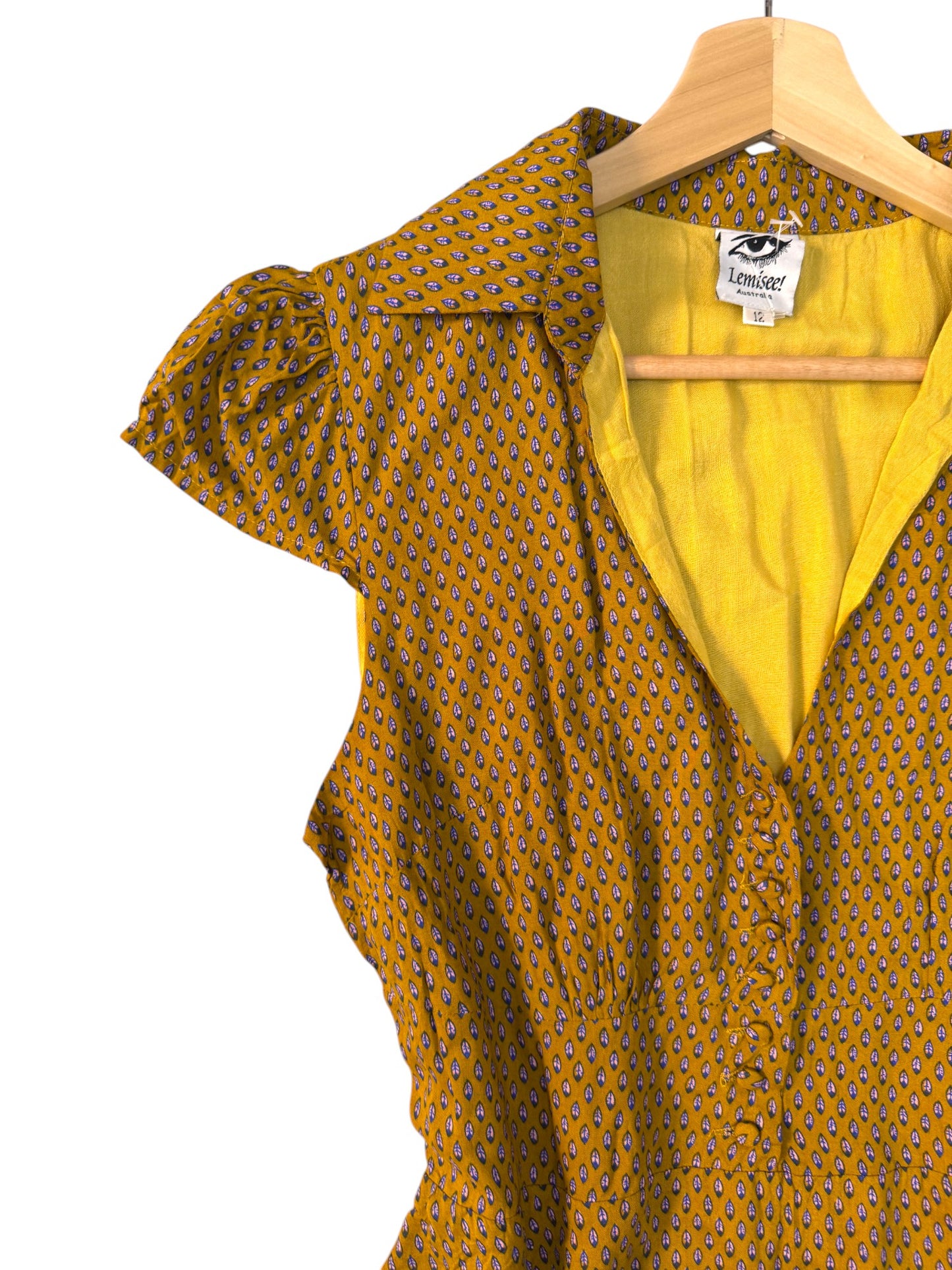Retro Vibe Dark Mustard Leaf Print A-Line Dress – V-Neck Button-Up