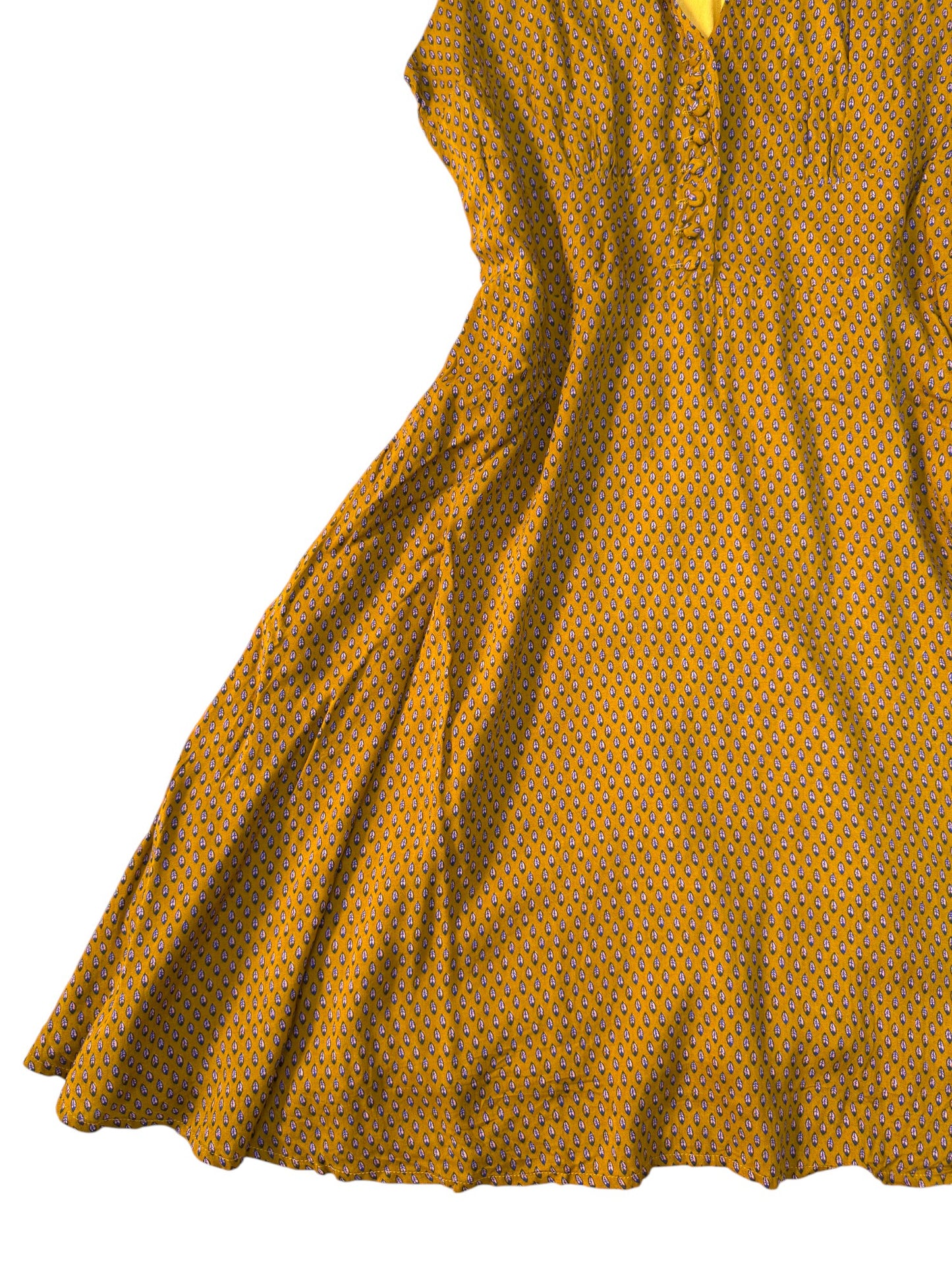 Retro Vibe Dark Mustard Leaf Print A-Line Dress – V-Neck Button-Up