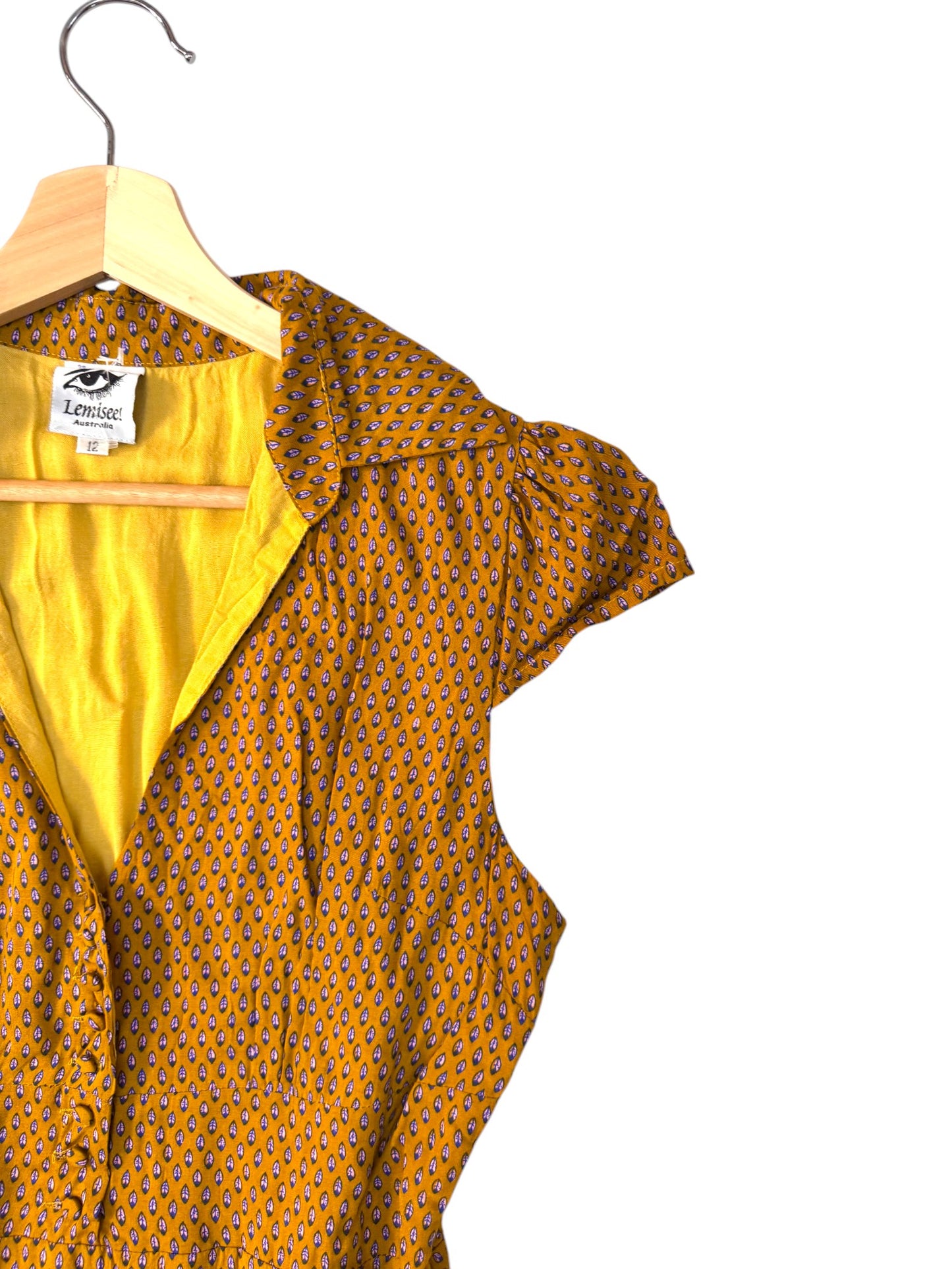 Retro Vibe Dark Mustard Leaf Print A-Line Dress – V-Neck Button-Up