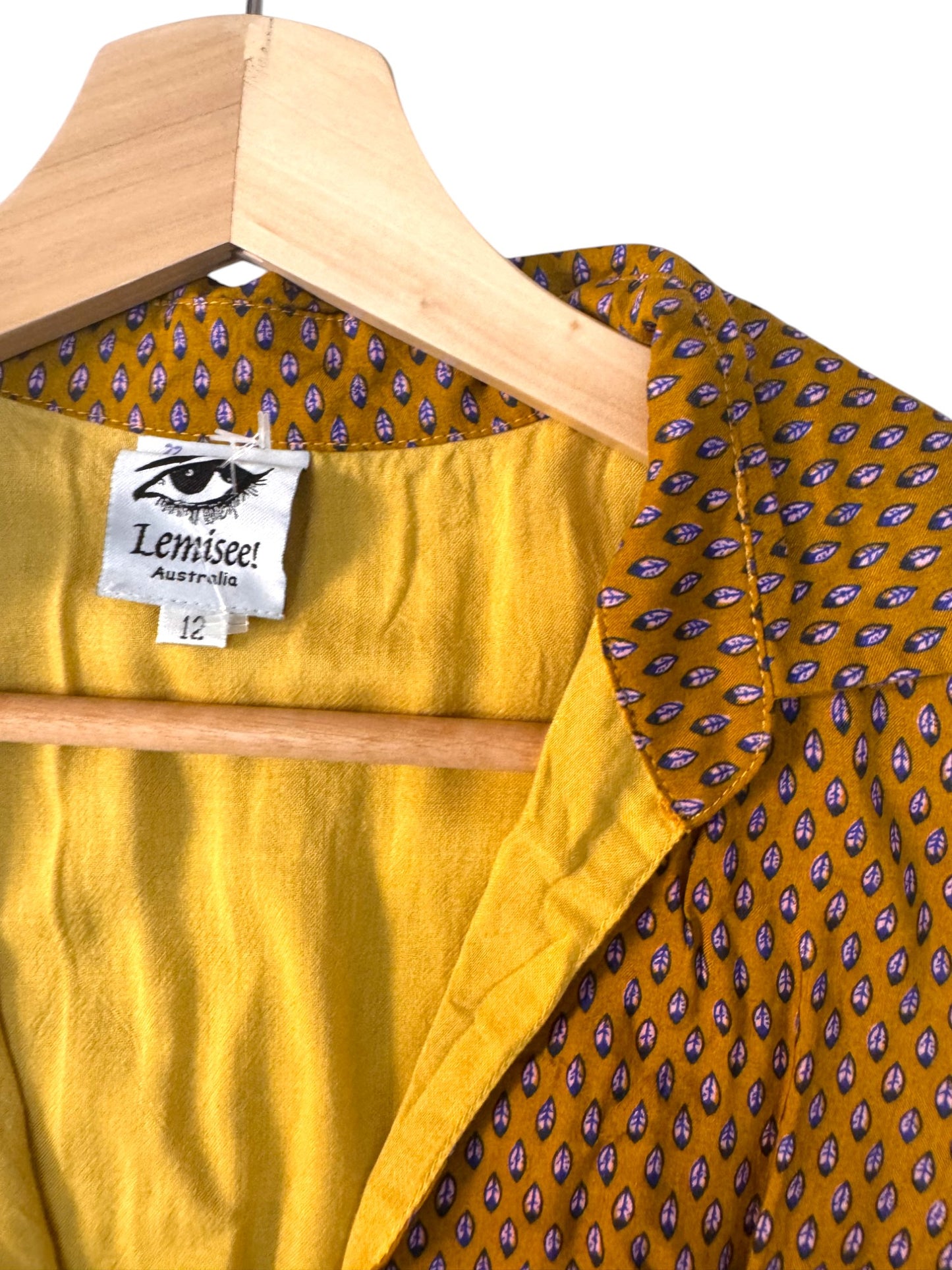 Retro Vibe Dark Mustard Leaf Print A-Line Dress – V-Neck Button-Up
