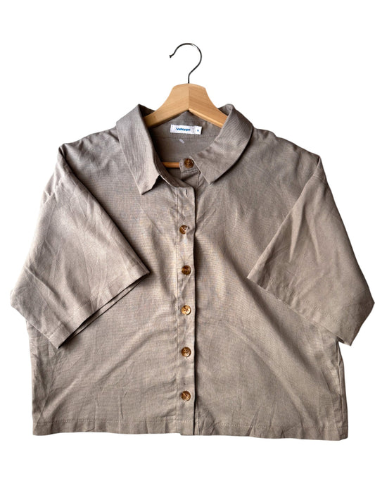 Grey Linen Blend Button-Down Collared Top – Minimalist Boxy Fit