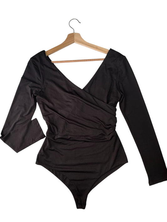 Luvalot Black Long Sleeve V-Neck Faux Wrap Bodysuit