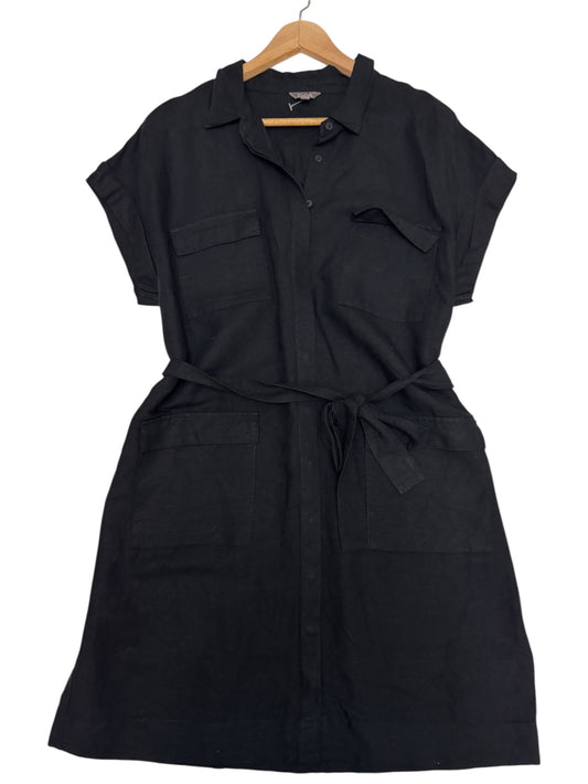 Katies Black Linen Collared Short Sleeve Waist-Tie Dress