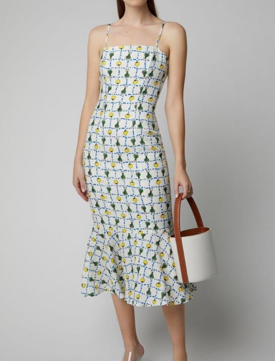 Staud Crudite Vegetable-Print Fishtail-Hem Linen Midi Dress