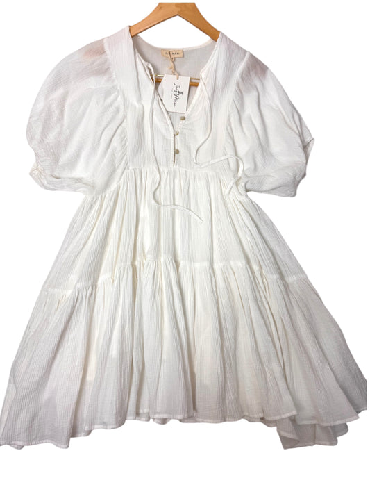 White Cotton Babydoll Tiered Mini Dress with Puff Sleeves