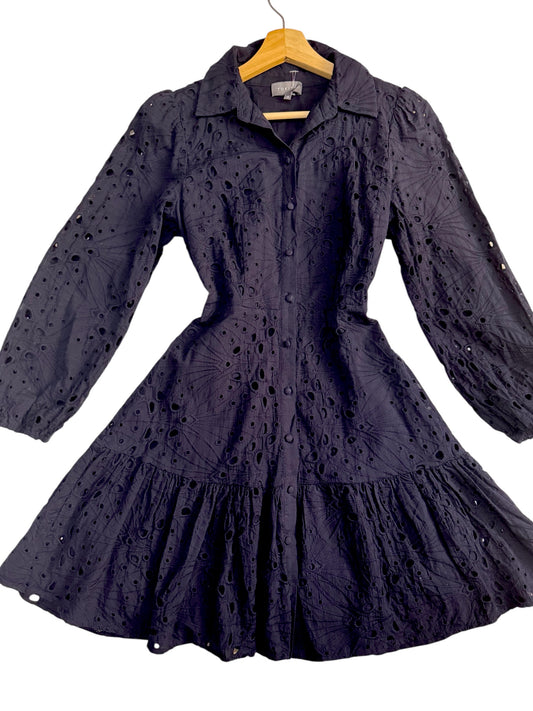 Navy Embroidered Eyelet Dress with Bishop Sleeves | UK 10 | 100% Organic Cotton