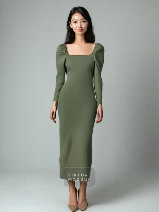 Sage Green Ribbed Midi Bodycon Dress with Leg of Mutton Sleeves
