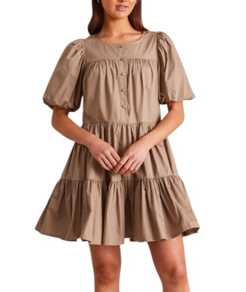 Lily Loves Puff Sleeve Smock Mini Dress – Brown Layered Cotton