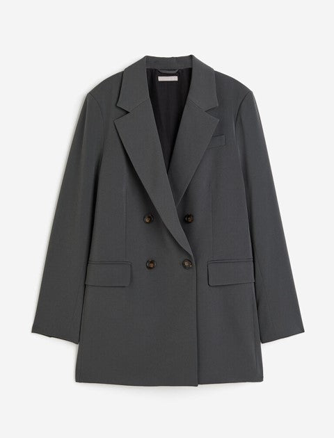 Dark Grey Double-Breasted Structured Blazer | Oversized Longline Power Look