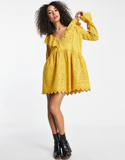Topshop Yellow Broderie Ruffle Neck Dress – Boho Chic & Breezy 🌞✨