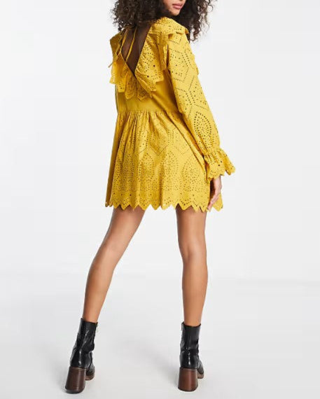 Topshop Yellow Broderie Ruffle Neck Dress – Boho Chic & Breezy 🌞✨