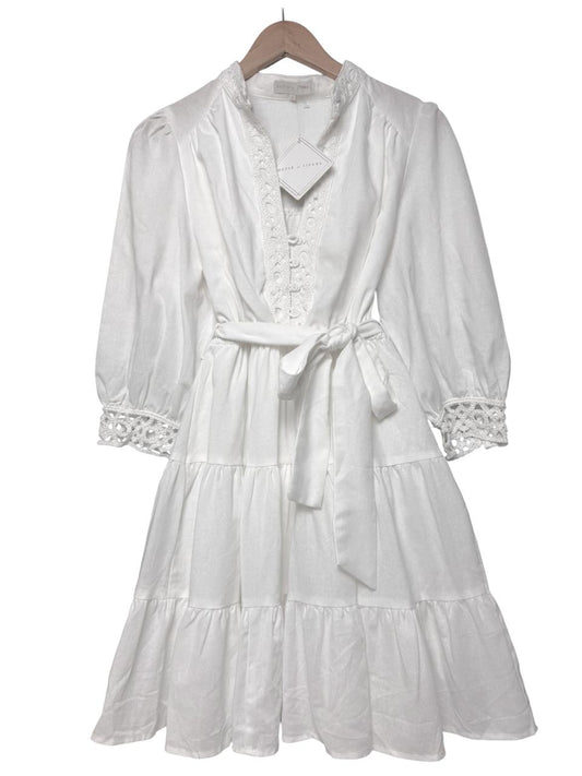 Linen Cotton Embroidered Tiered Dress – White
