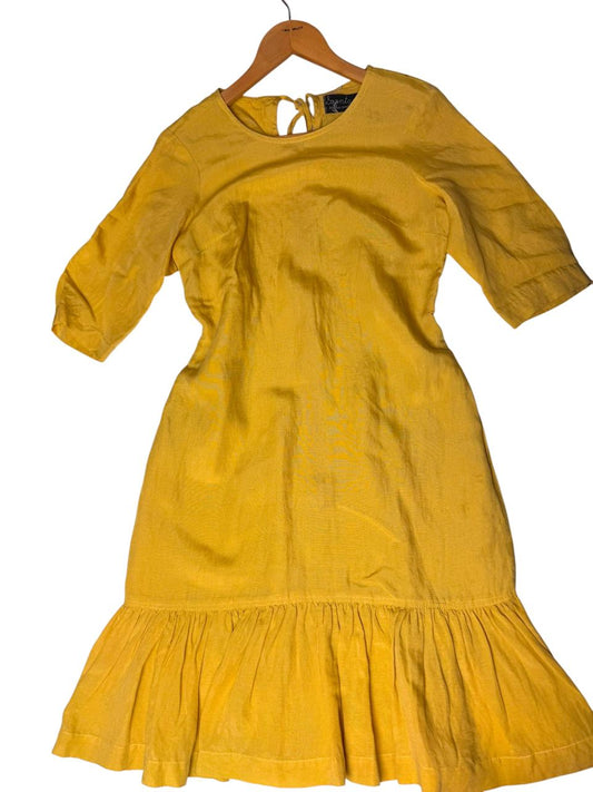Yellow Linen Blend Textured Knee-Length Dress – Effortless Summer Style