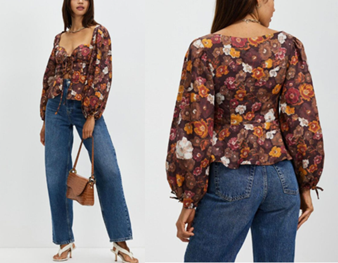 Vintage-Inspired Brown Floral Sweetheart Linen Peplum Blouse