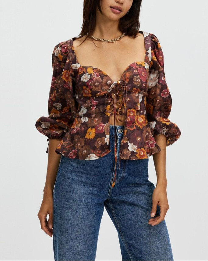 Vintage-Inspired Brown Floral Sweetheart Linen Peplum Blouse