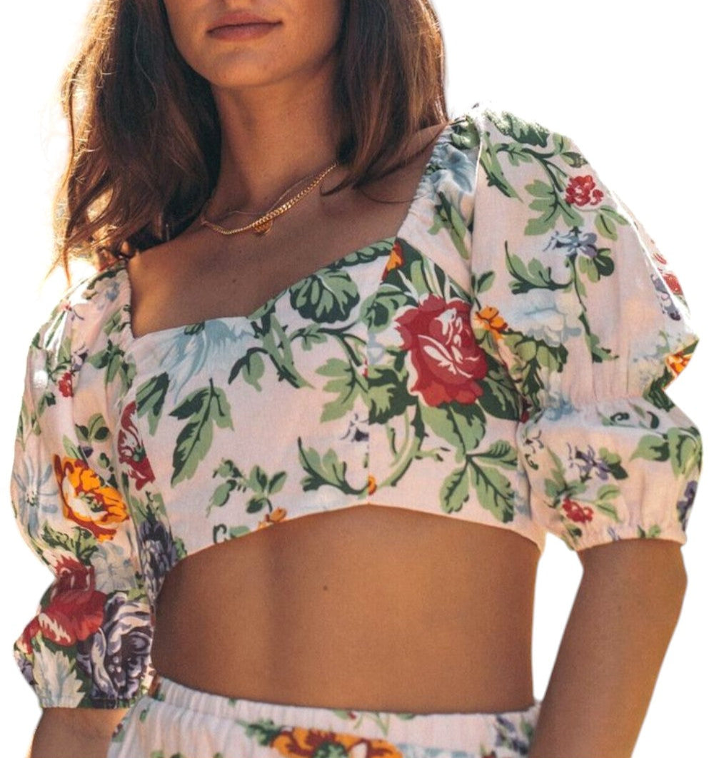 Nunui Front Tie Floral Cropped Top – Romantic Puff Sleeves
