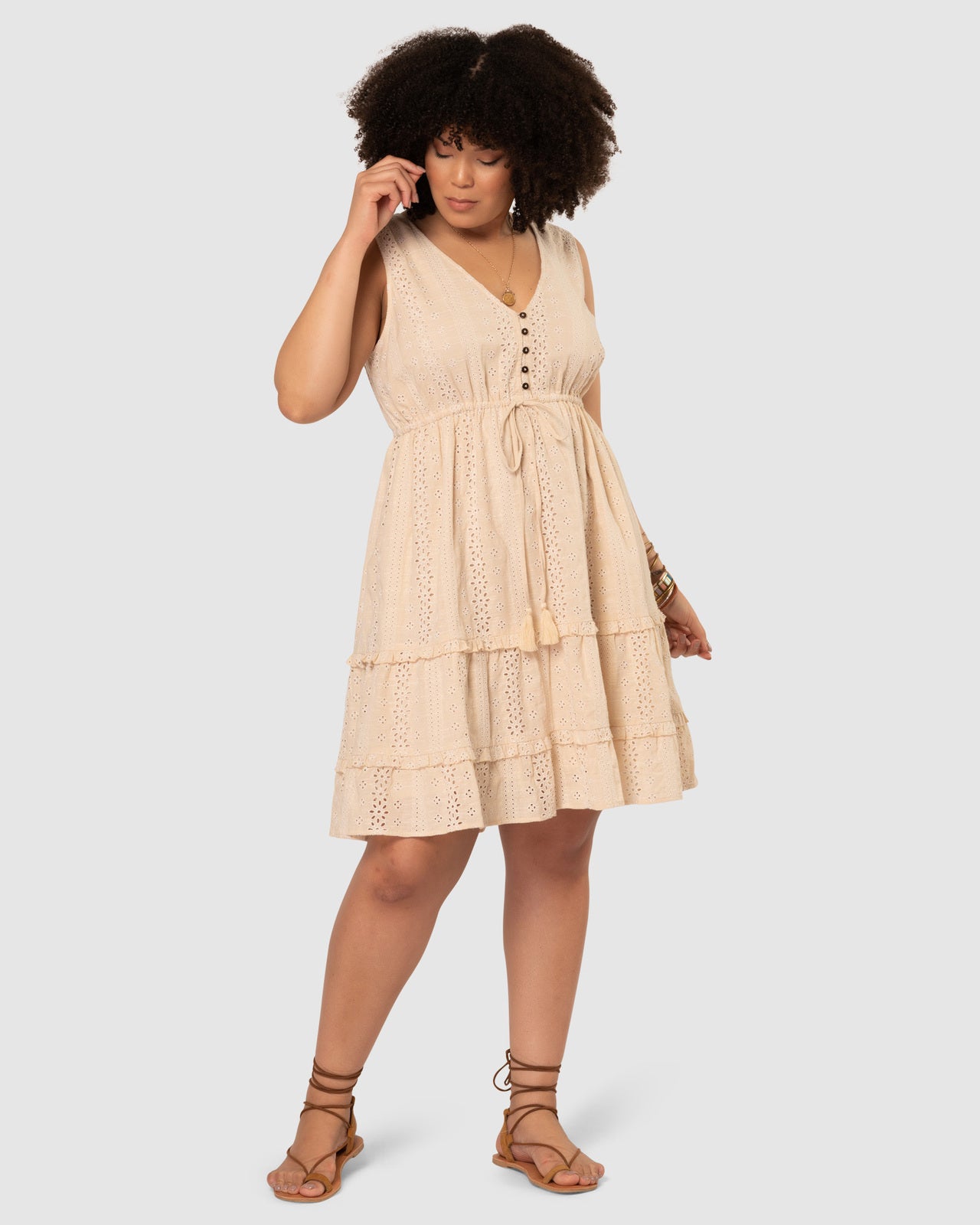 The Poetic Gypsy Beige Floral Eyelet Cotton Tiered Midi Dress – Button-Up & Waist Tie