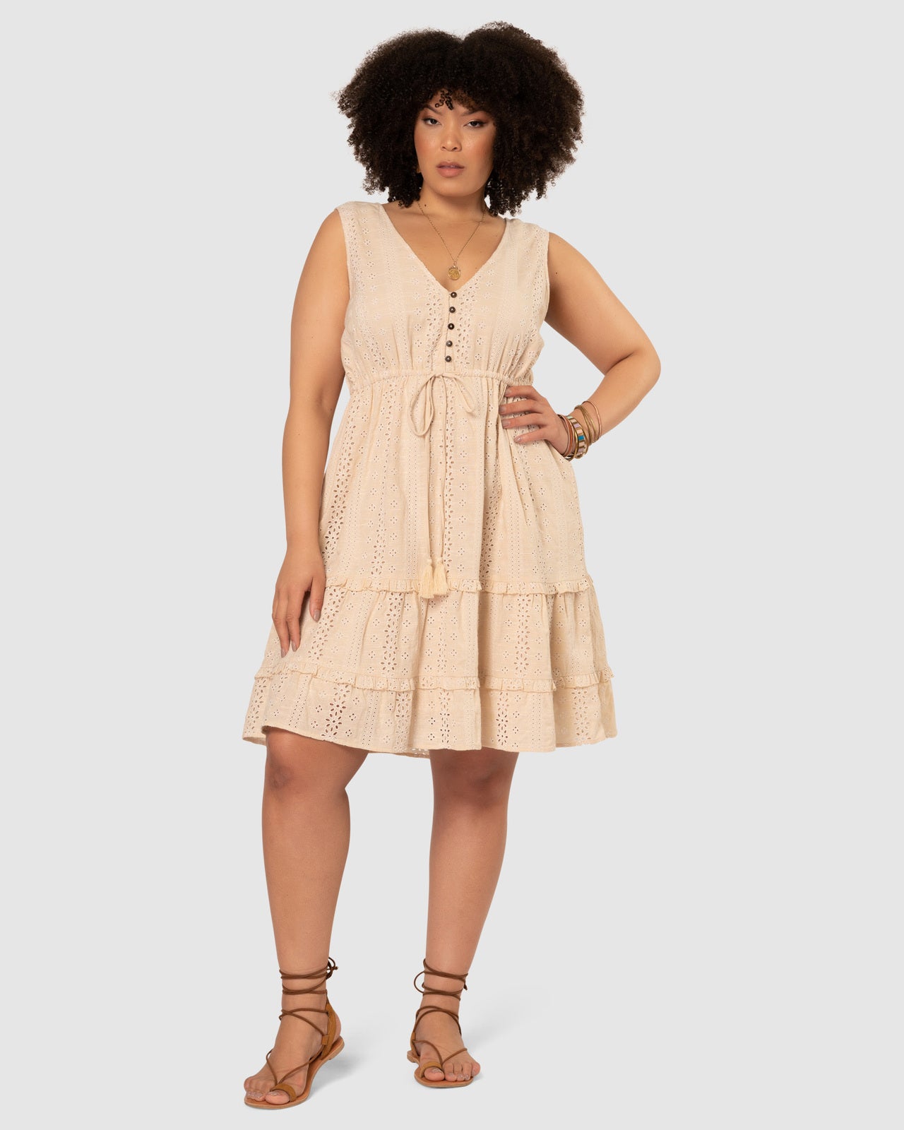 The Poetic Gypsy Beige Floral Eyelet Cotton Tiered Midi Dress – Button-Up & Waist Tie