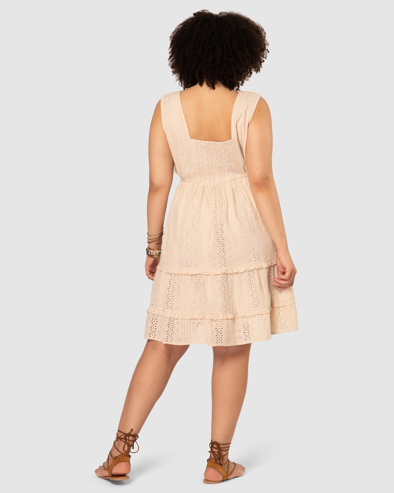The Poetic Gypsy Beige Floral Eyelet Cotton Tiered Midi Dress – Button-Up & Waist Tie