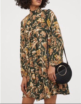 H&M Vintage-Inspired Balloon-Sleeved Shift Dress – Dark Green & Brown Floral