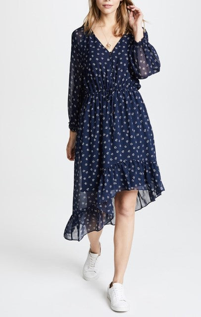 Joie – Alithea Navy Silk Floral Ruffle Hem Dress with Bishop Sleeves