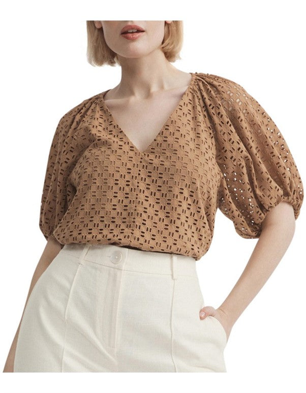 Witchery Brown Caramel Broderie Cotton Puff Sleeve Vneck Blouse