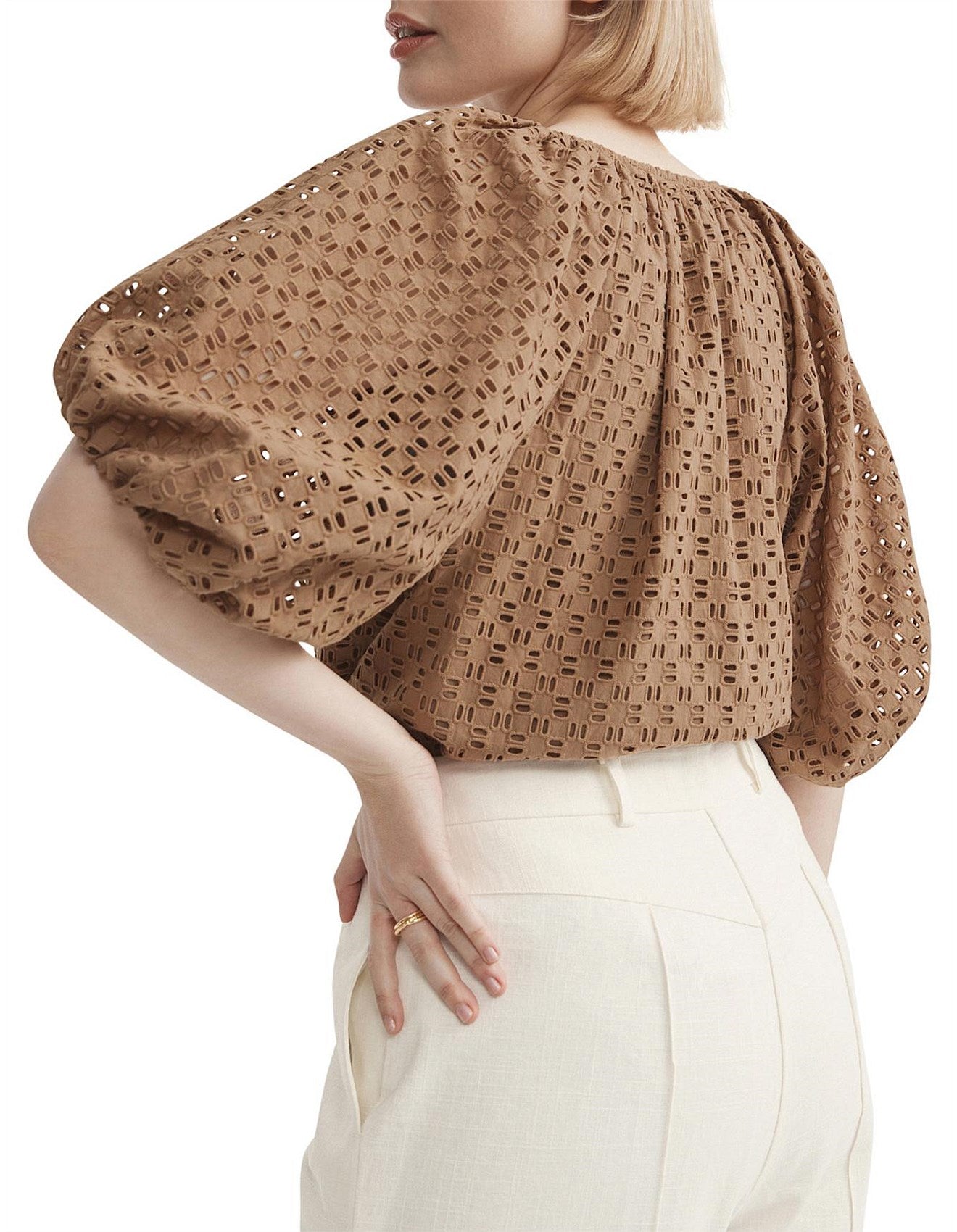 Witchery Brown Caramel Broderie Cotton Puff Sleeve Vneck Blouse